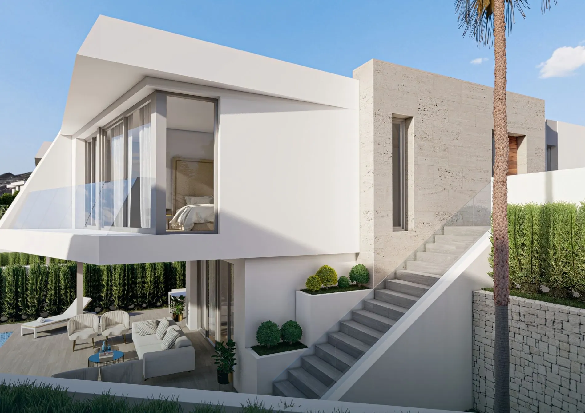 Villa with steps up to the terrace